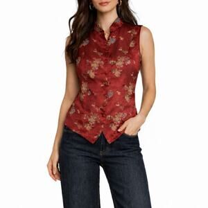 1980s Vintage Red Satin Brocade Floral Sleeveless Vest Blouse Small Lace Up Back